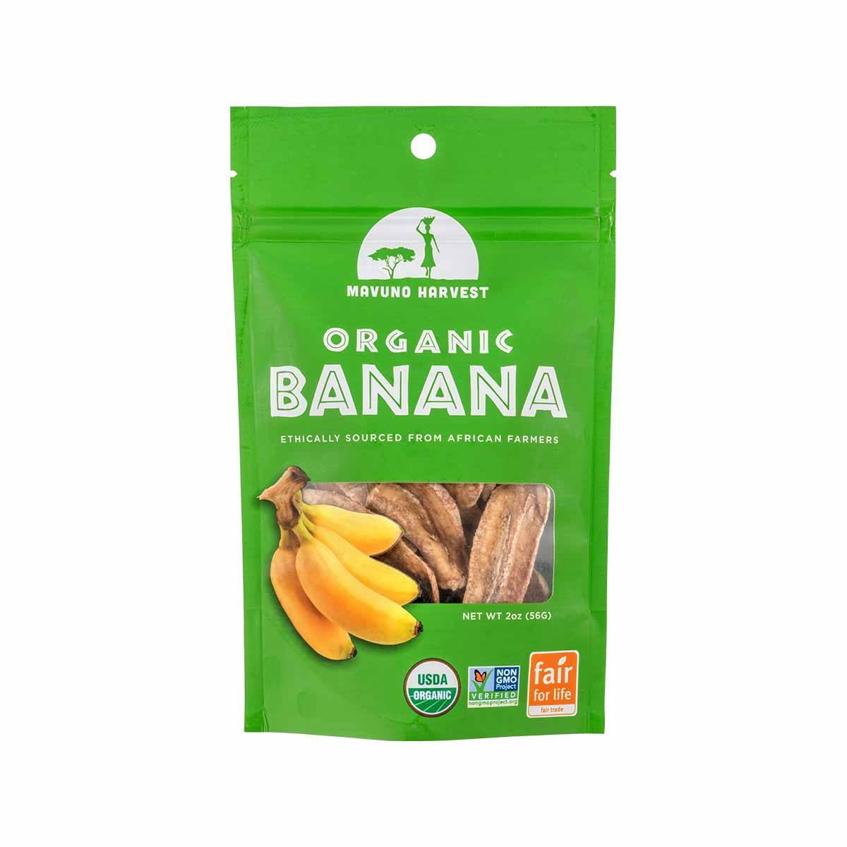 MAVUNO HARVEST organic dried banana in green resealable pouch with banana slices