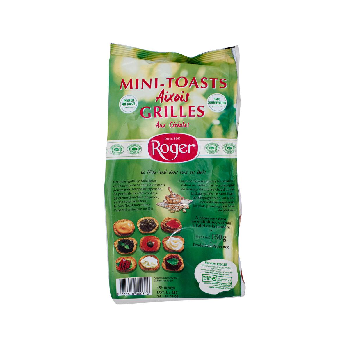 Roger mini toasts grilled aioli snack bag, 150 g, green package with ingredient text.