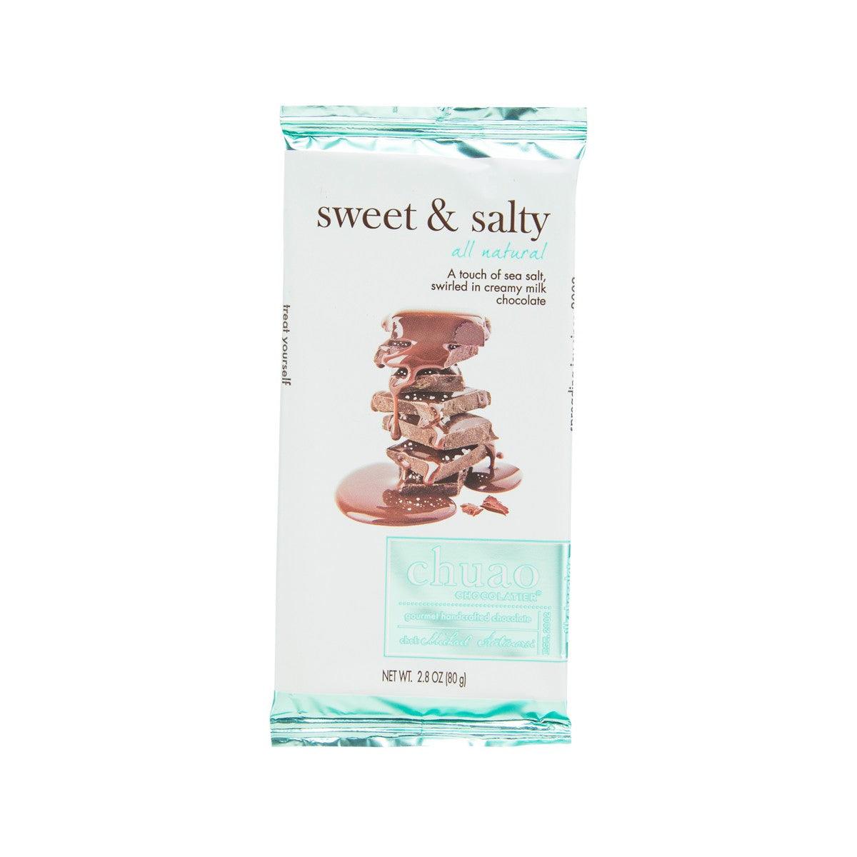 Milk chocolate with sea salt in foil pouch, CHUAO branding on front
