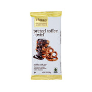 CHUAO pretzel toffee twirl dark chocolate candy bar in foil wrapper