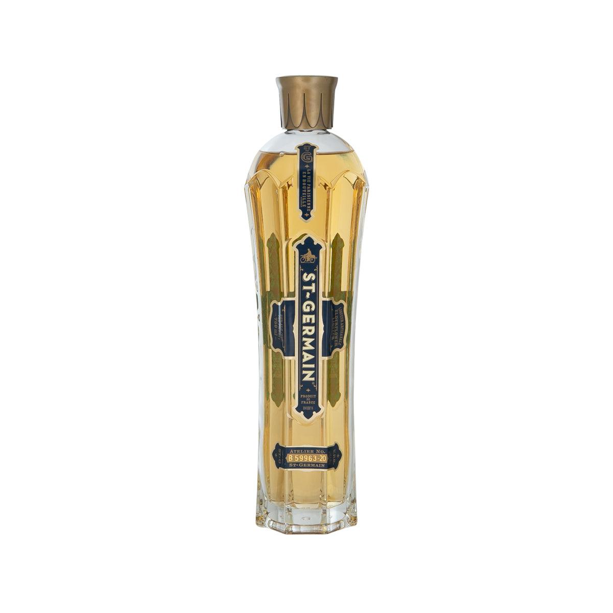 ST GERMAIN elderflower liqueur glass bottle with gold label and metal cap