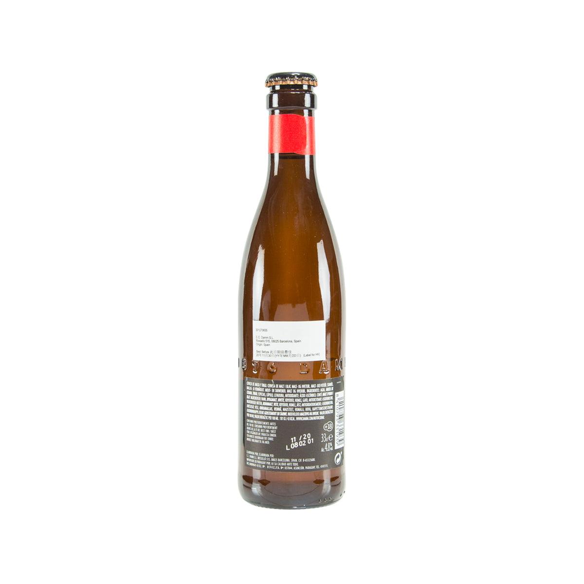 ESTRELLA DAMM wheat & barley malt beer bottle, amber glass, back label with text