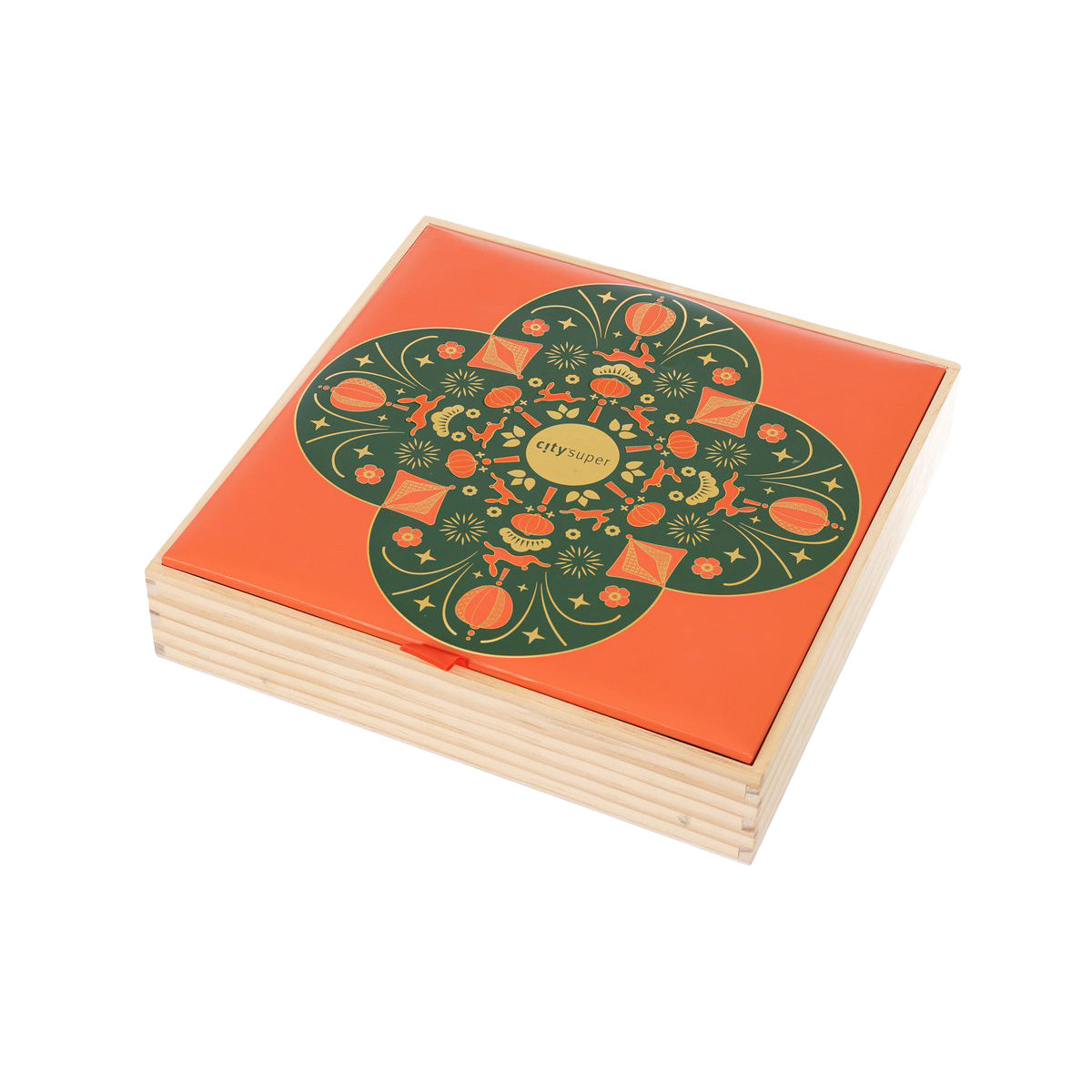 Orange mooncake gift box lid with green circular holiday pattern and CITYSUPER logo