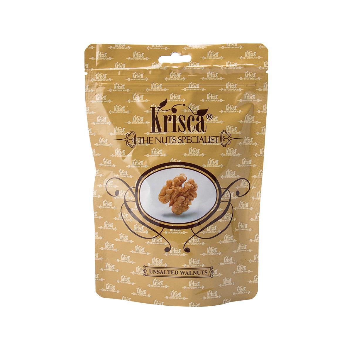 KRISCA unsalted walnuts pouch, paper-style brown bag with walnut graphic and 120g