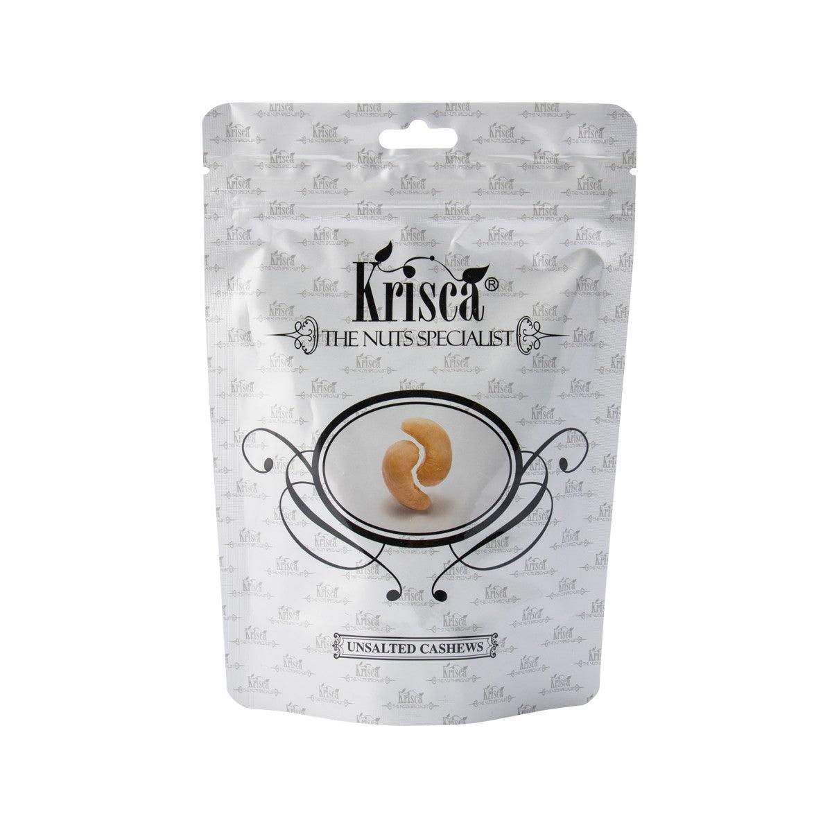 KRISCA unsalted cashews pouch with resealable plastic bag and nut graphic
