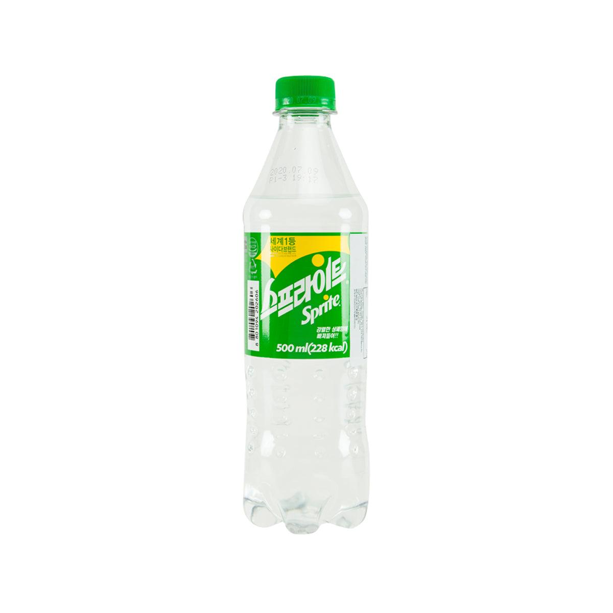 Sprite soda bottle front view, clear bottle with green cap, 500 mL label