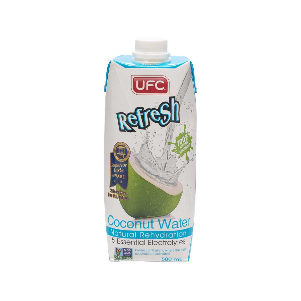 Coconut water carton 500 mL with UFC Refresh front, blue-and-white design