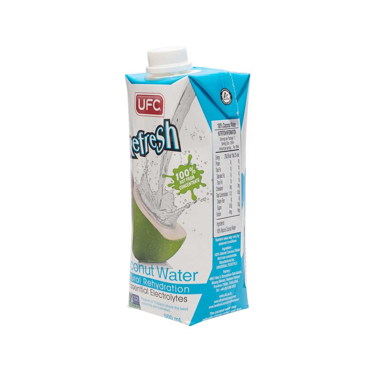 Coconut water carton 500 mL, UFC Refresh side panel with blue fold and cap