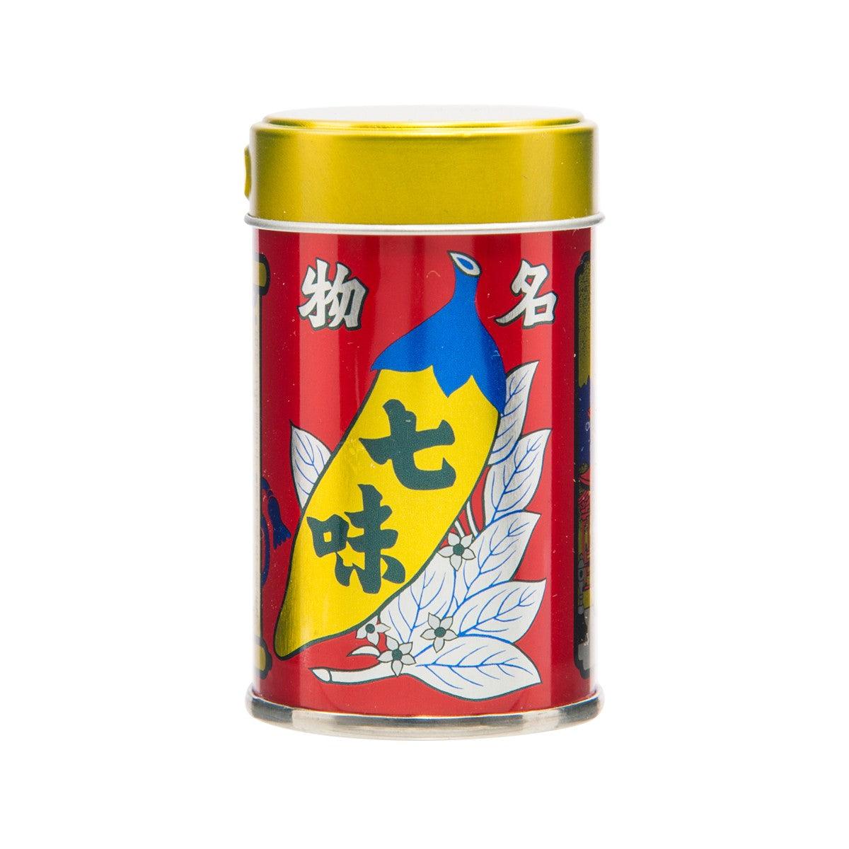 YAWATAYA shichimi chili powder can, red label with yellow blue graphic, 14g
