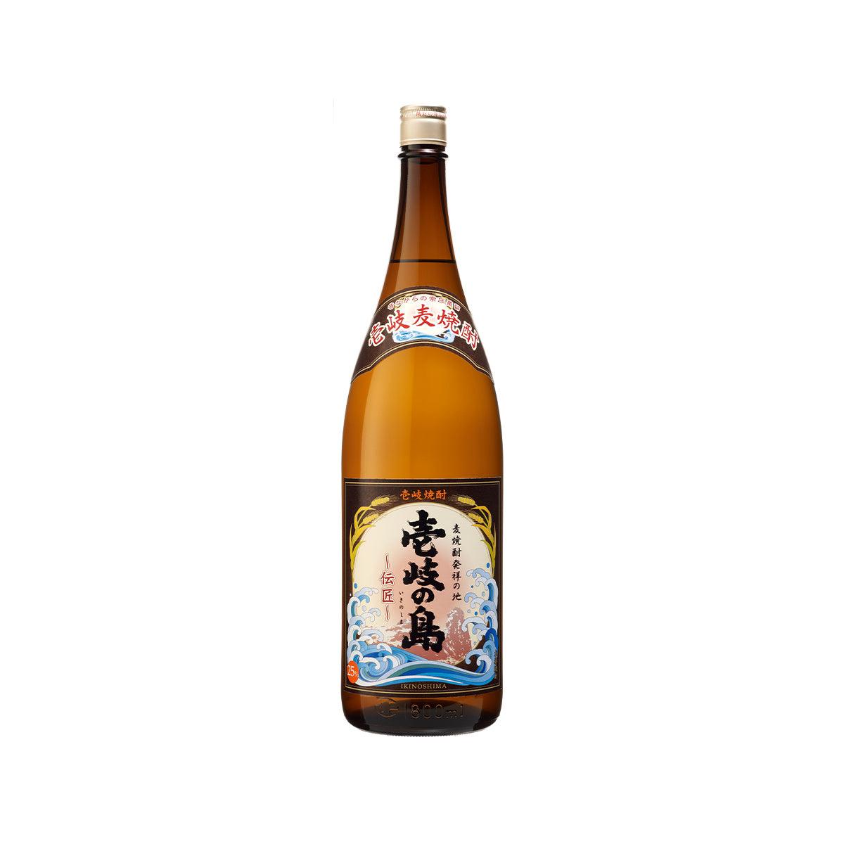 IKINOKURA barley shochu bottle, amber glass with printed label and gold cap