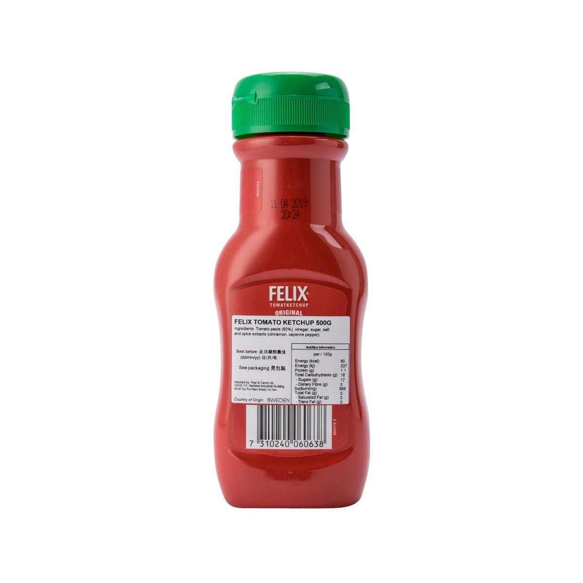 FELIX tomato ketchup original bottle, green cap, back label with barcode