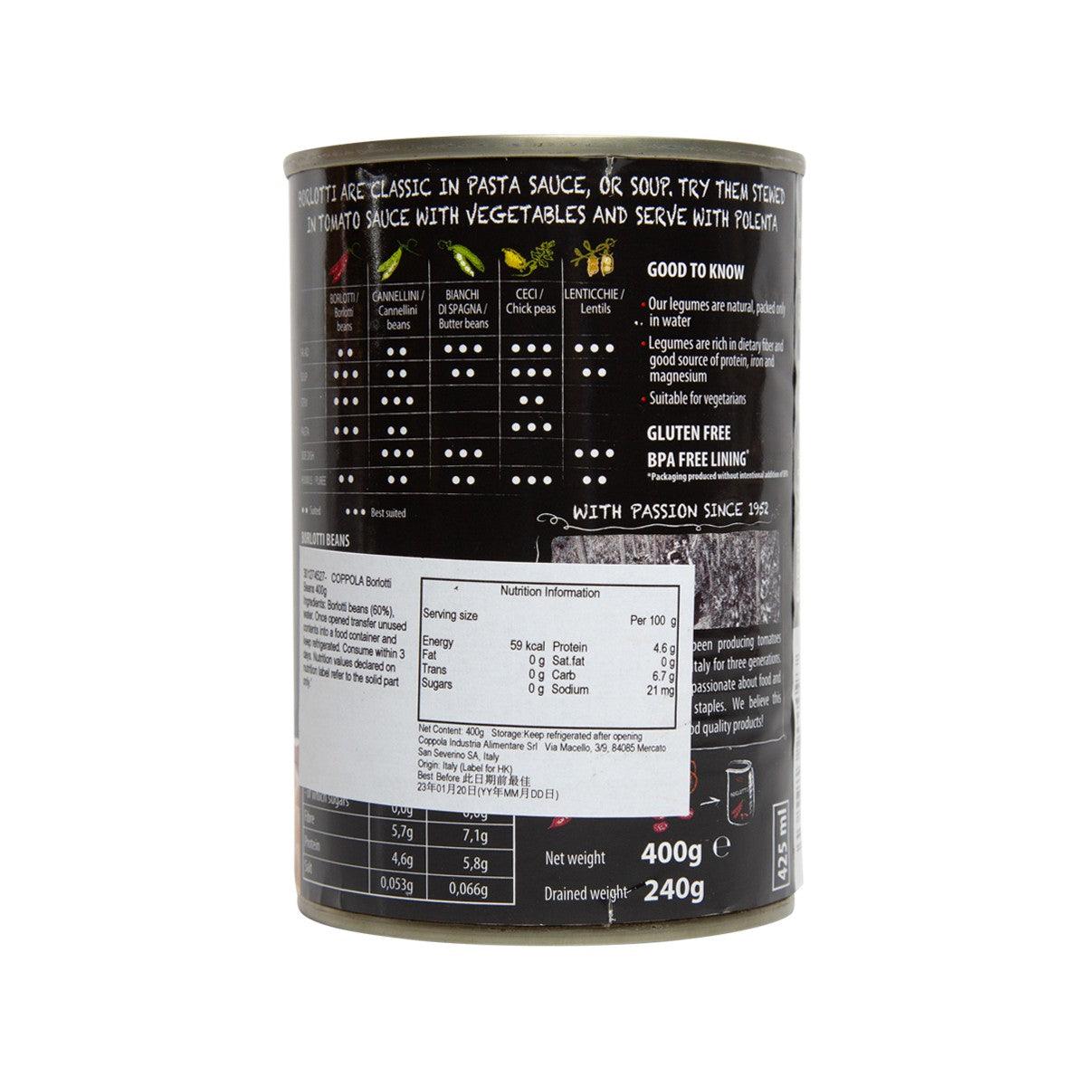 COPPOLA borlotti beans can back with nutrition and ingredient panel, 400 g
