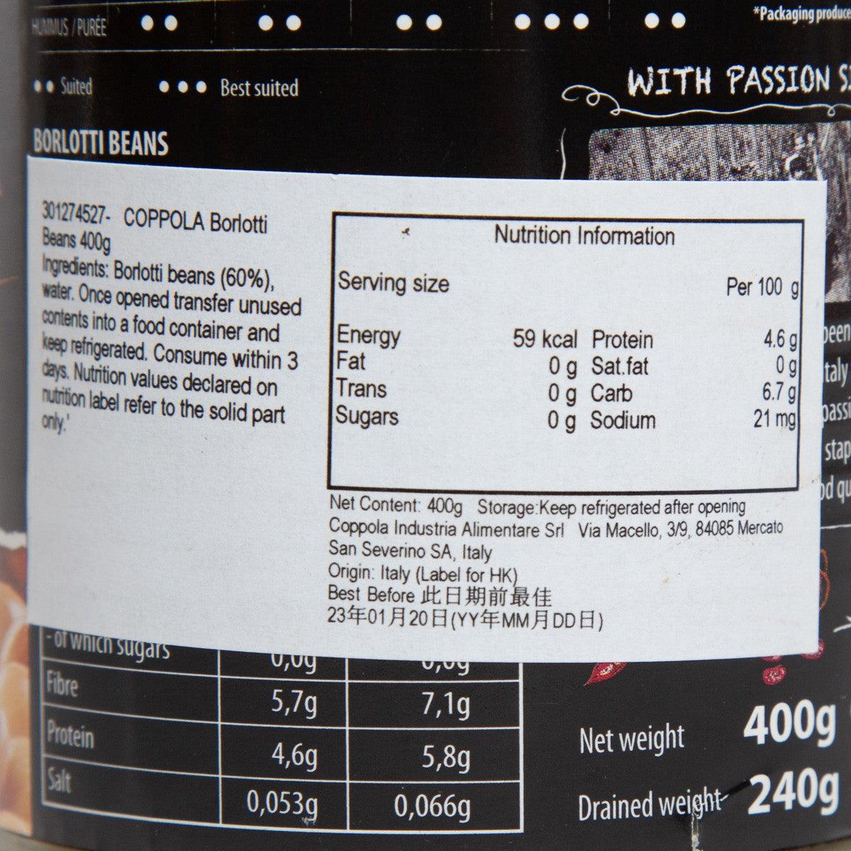 Nutrition information label on borlotti beans can, 400 g net weight