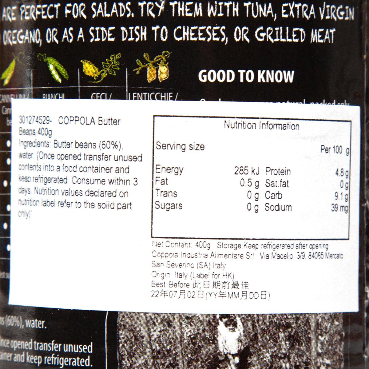 COPPOLA butter beans can label close-up showing nutrition information per 100g