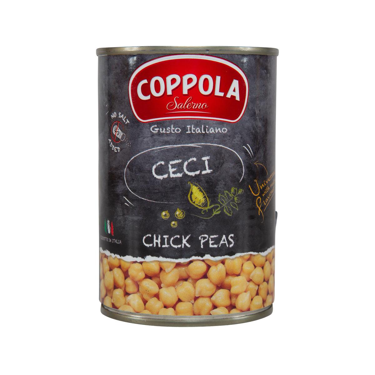 Canned chick peas (COPPOLA) can with label reading CECI and CHICK PEAS