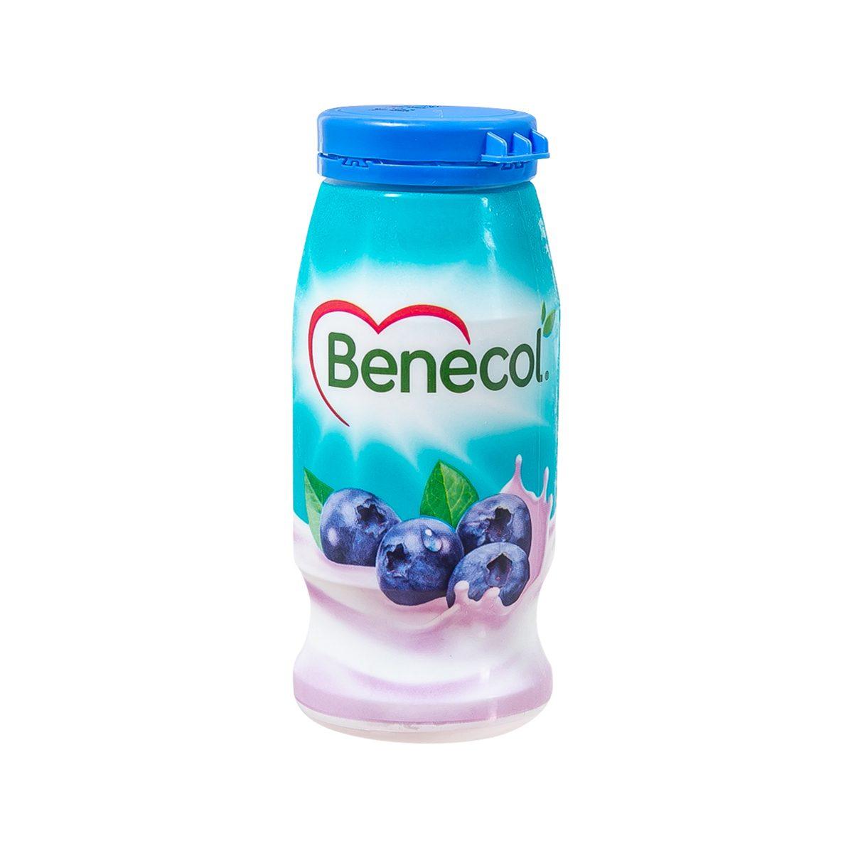 BENECOL blueberry yogurt drink bottle with blue cap, small 65 mL plastic container
