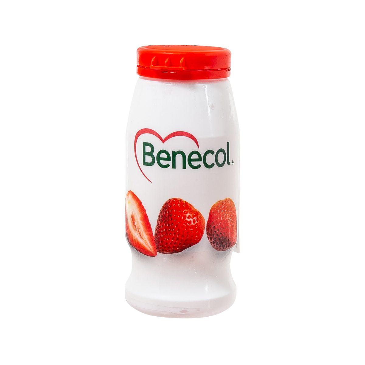BENECOL strawberry yogurt drink bottle with red cap and fruit graphic