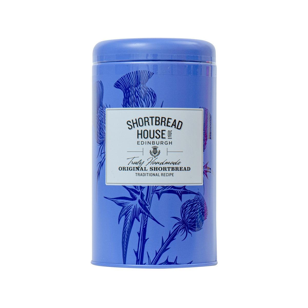 Blue shortbread tin with front label reading Shortbread House of Edinburgh