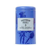 Blue shortbread tin with front label reading Shortbread House of Edinburgh