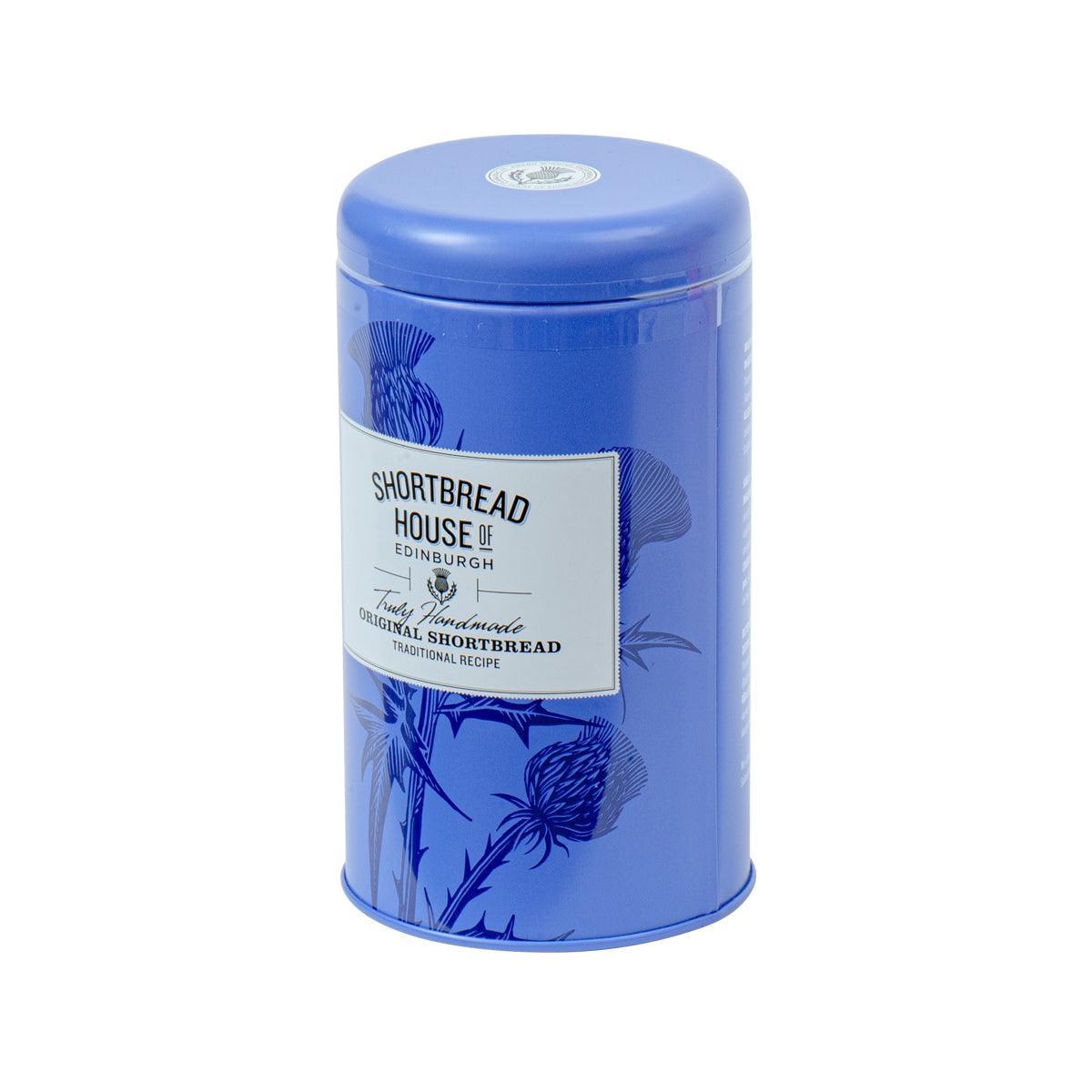 Blue shortbread tin with side label and botanical artwork