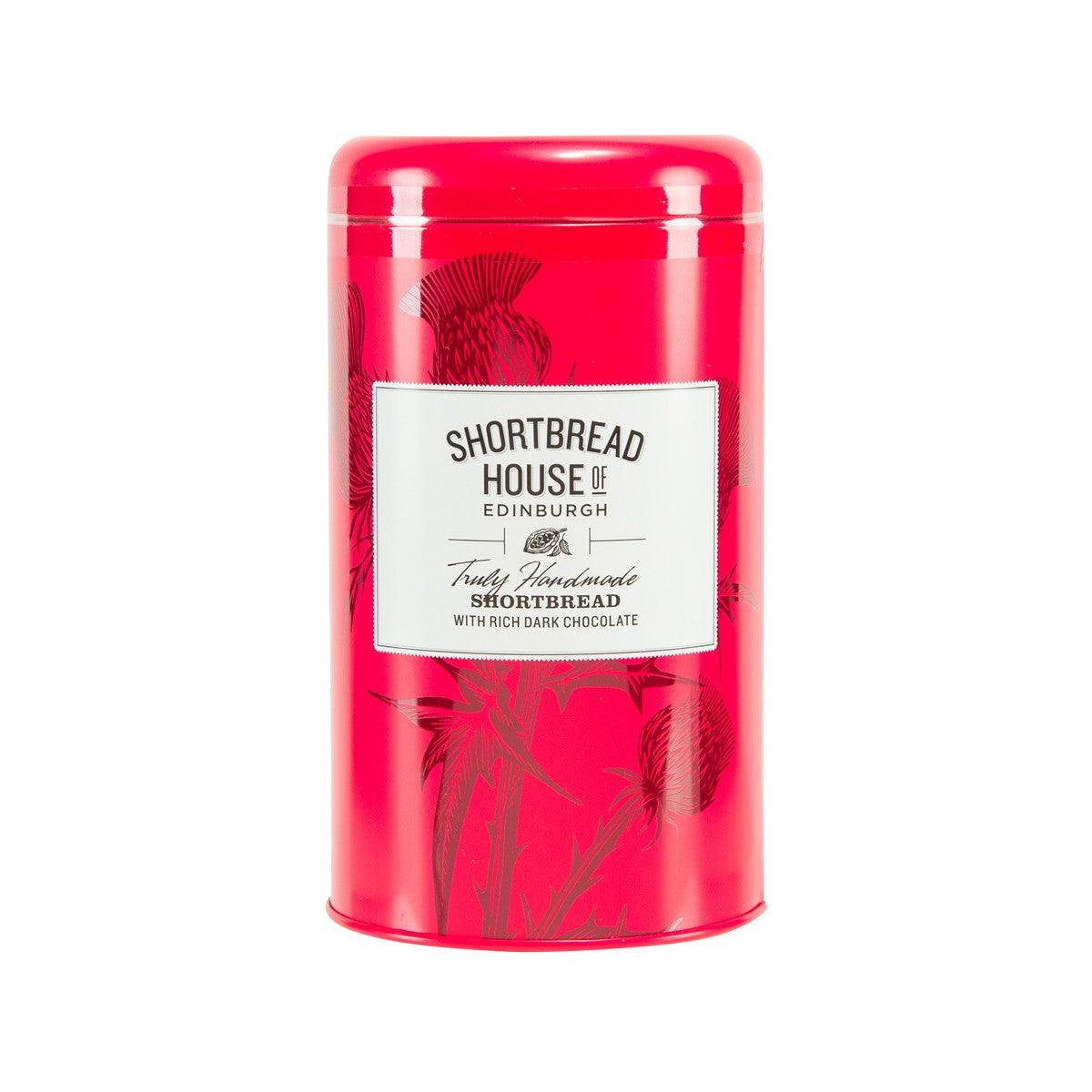 Red shortbread tin with front label and dark chocolate text, Shortbread House of Edinburgh