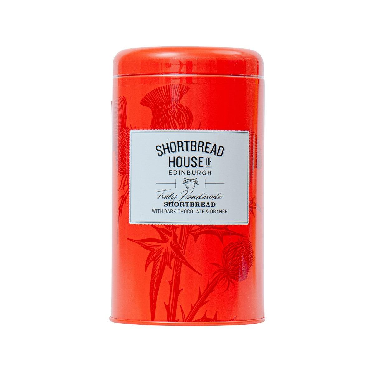 Shortbread tin with red lid and label, dark chocolate & orange 140g