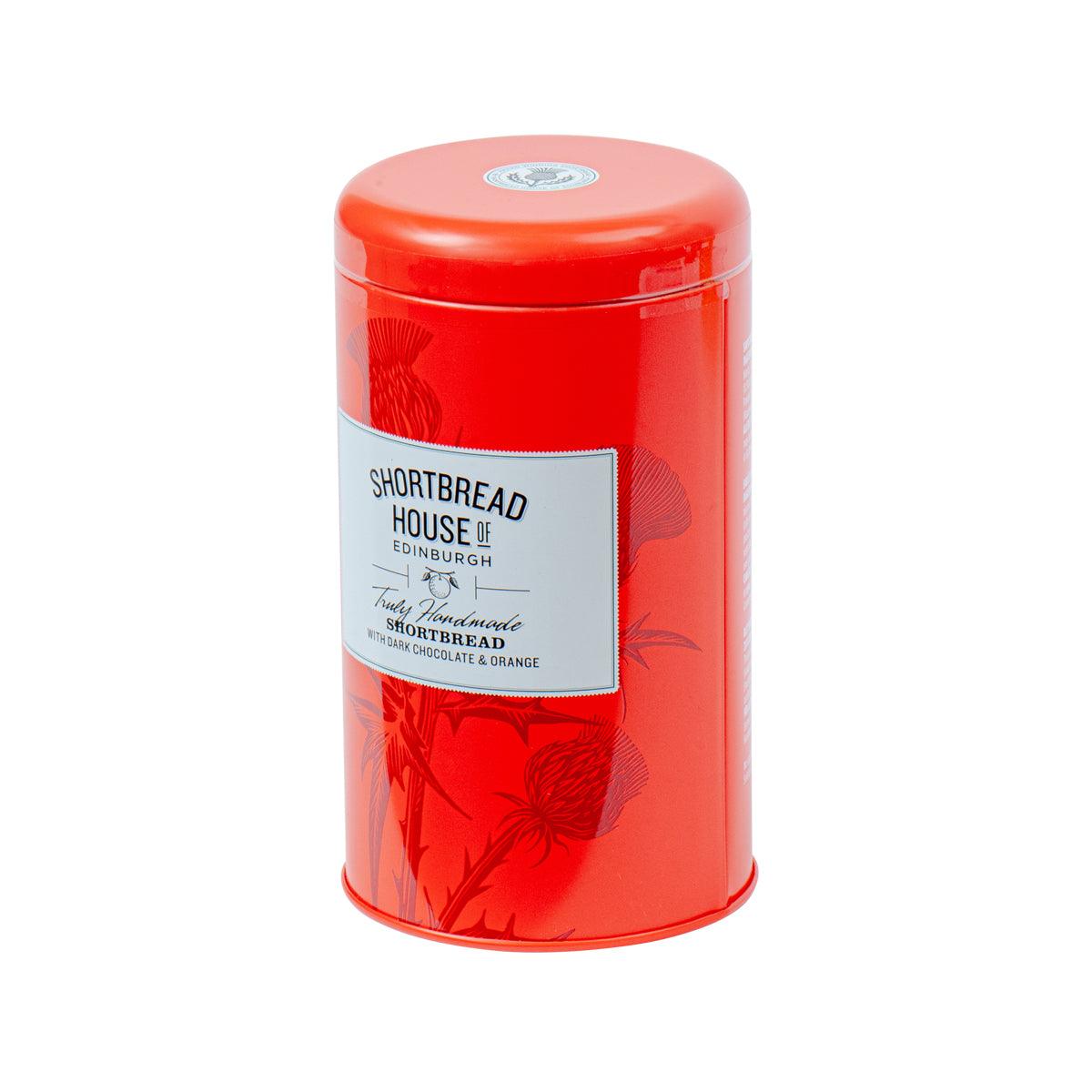Red shortbread tin with white front label and glossy lid, dark chocolate & orange 140g