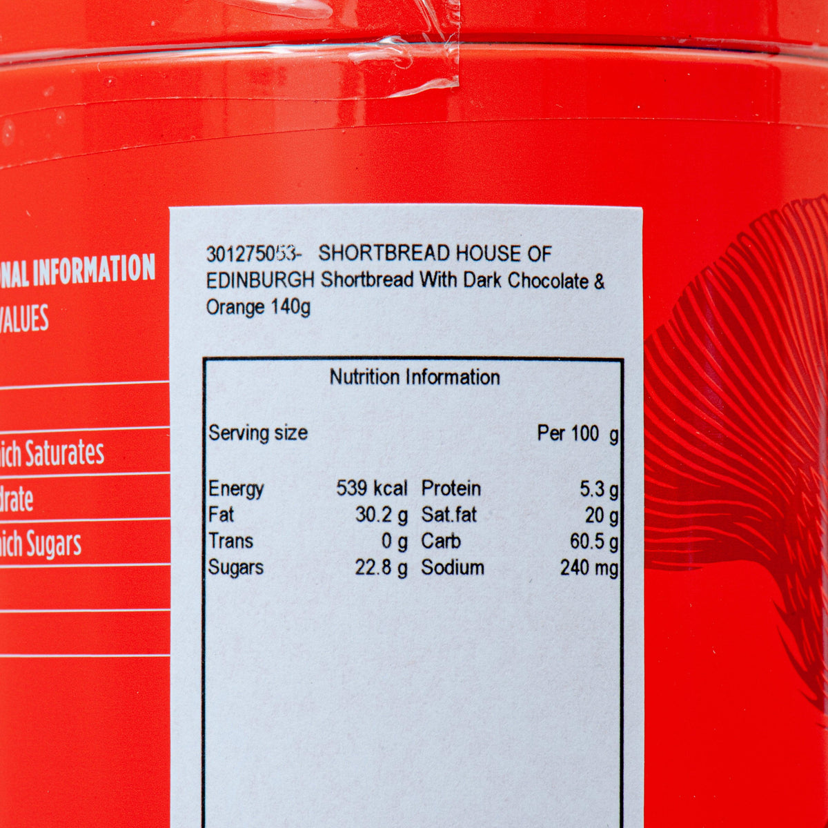 Nutrition information label on red shortbread tin, serving size per 100g, 140g