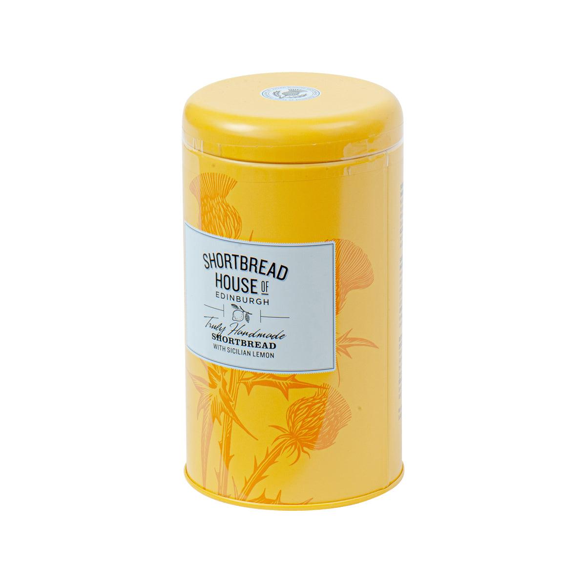 Shortbread House of Edinburgh lemon shortbread tin, side view with label and lid