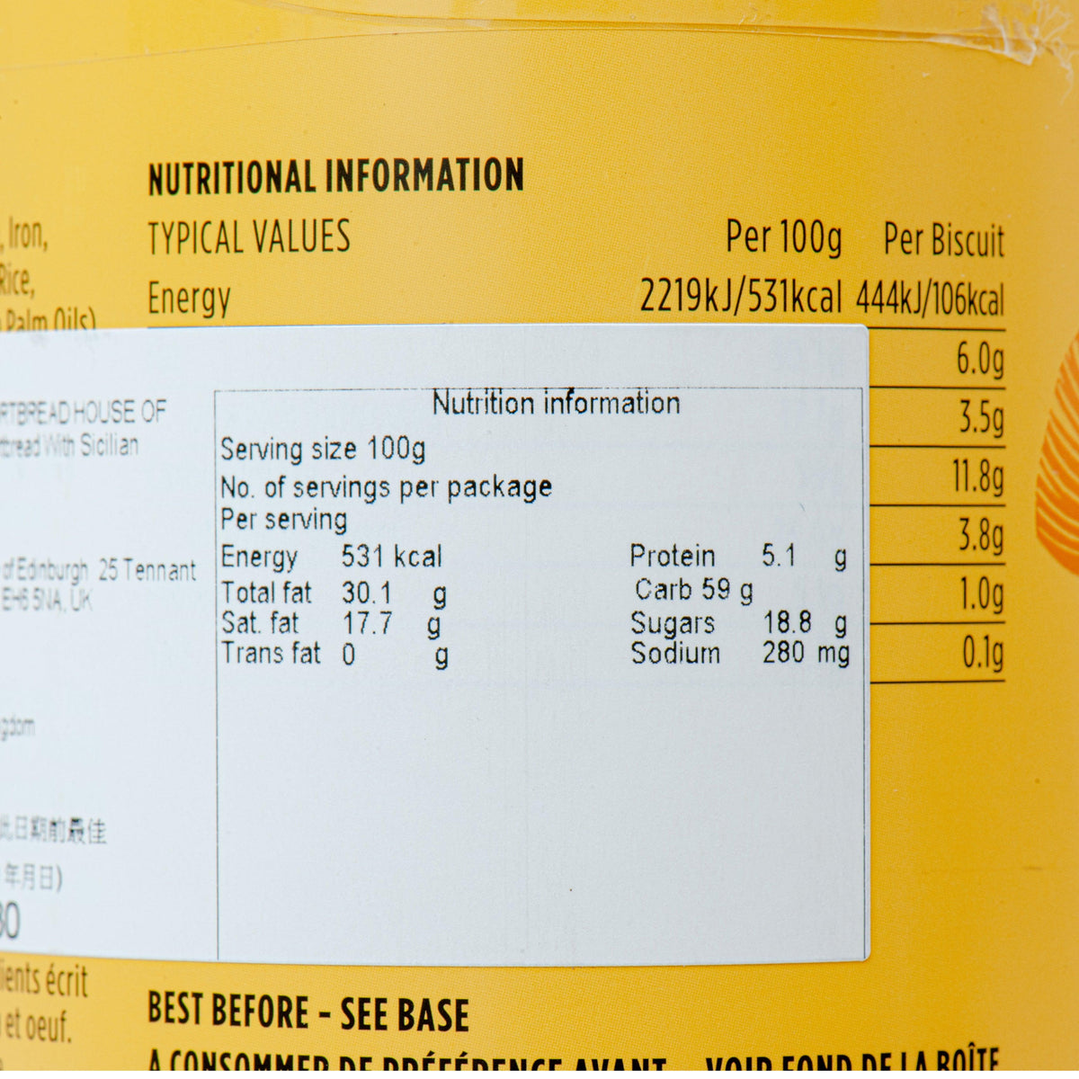 Nutritional information panel on lemon shortbread tin, typical values per 100g