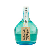 EIKUN Otaka sake bottle, turquoise glass with paper neck label and wooden tag
