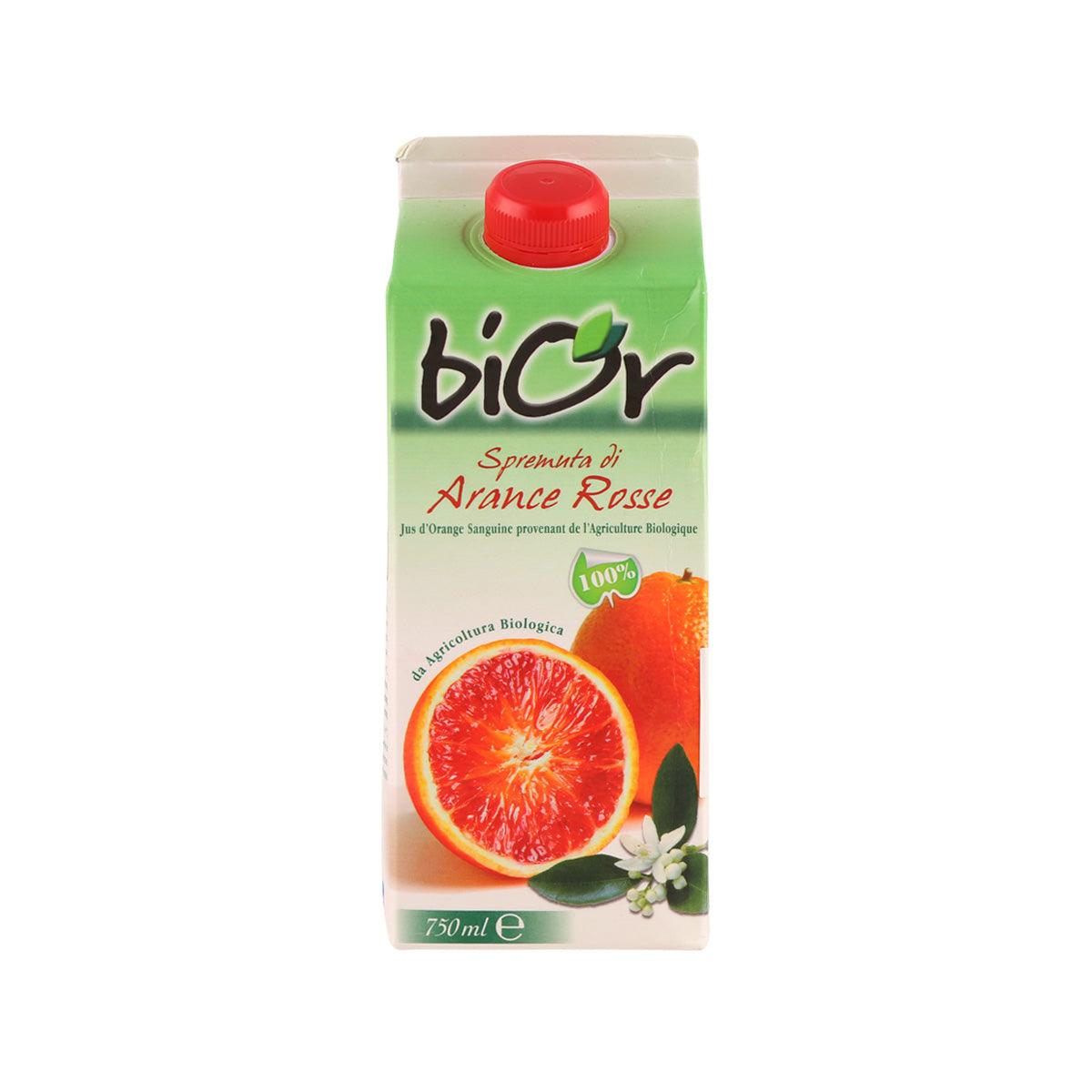 Organic blood orange juice carton, green with red cap and blood orange slice, 750 mL