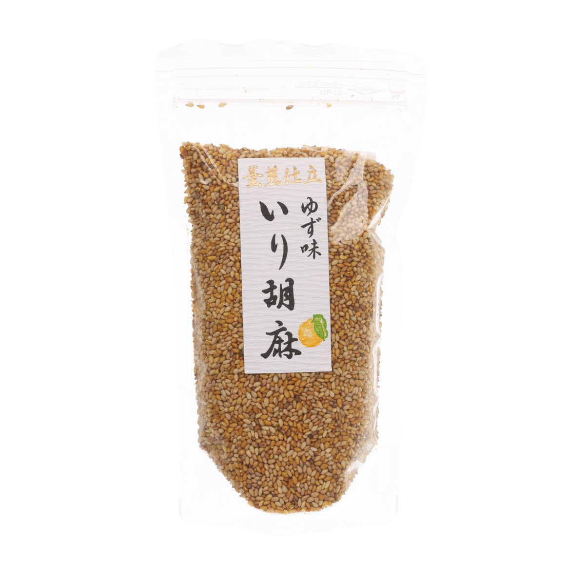 YAGICHOHONTEN roasted sesame yuzu seasoning pouch, 120g, front label over sesame seeds