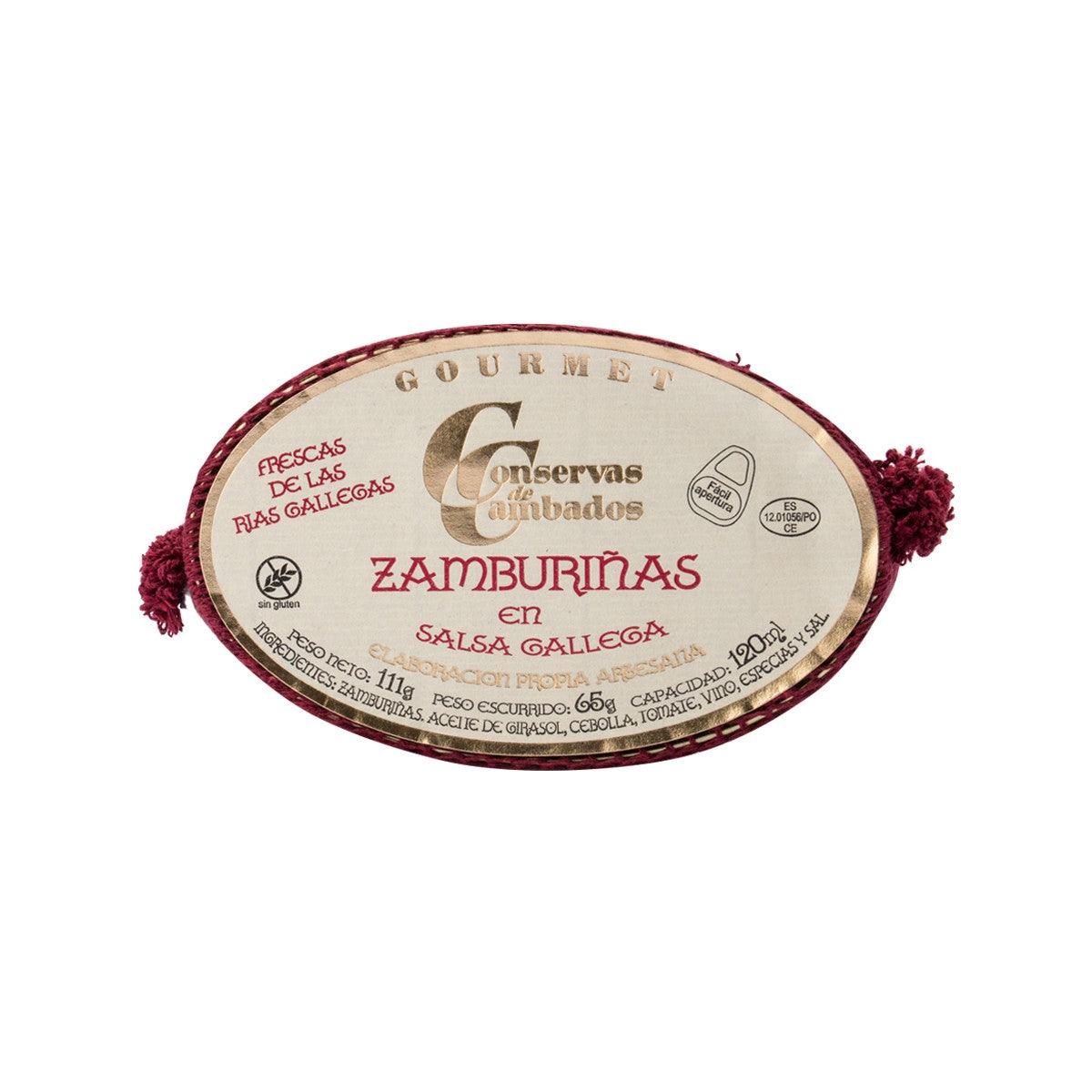 Small scallops in Galician sauce round tin, top label with brand and weight info