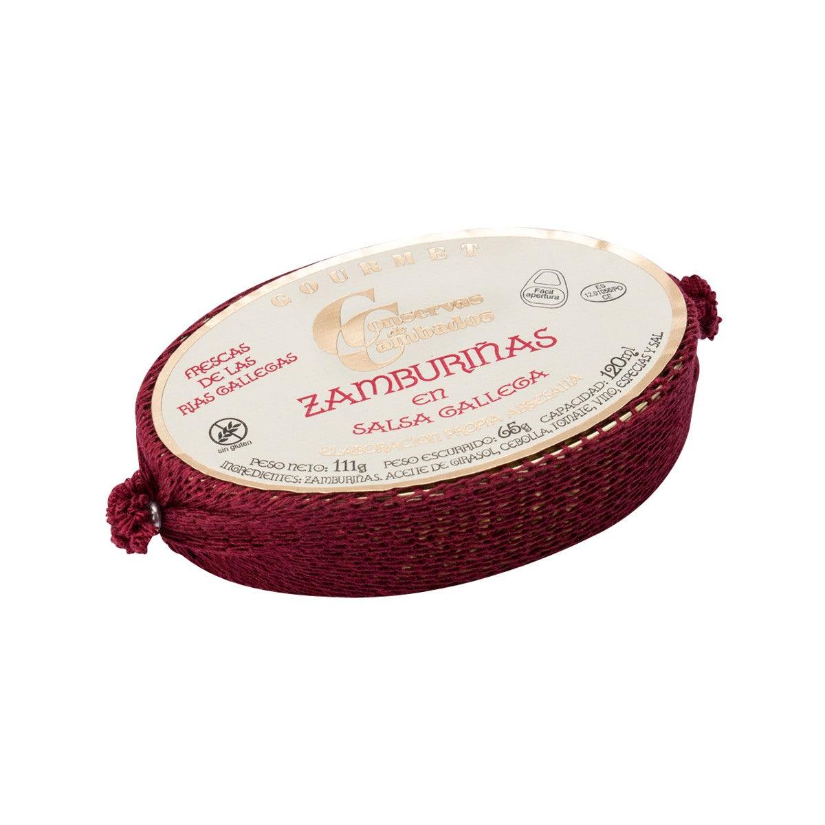 Small scallops in Galician sauce round tin, side view with tassel cord