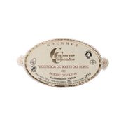 Tuna belly fillets in olive oil jar lid with round label and seal