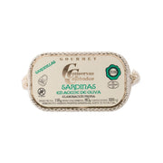 Small sardines in olive oil tin, oval label with 115g net weight