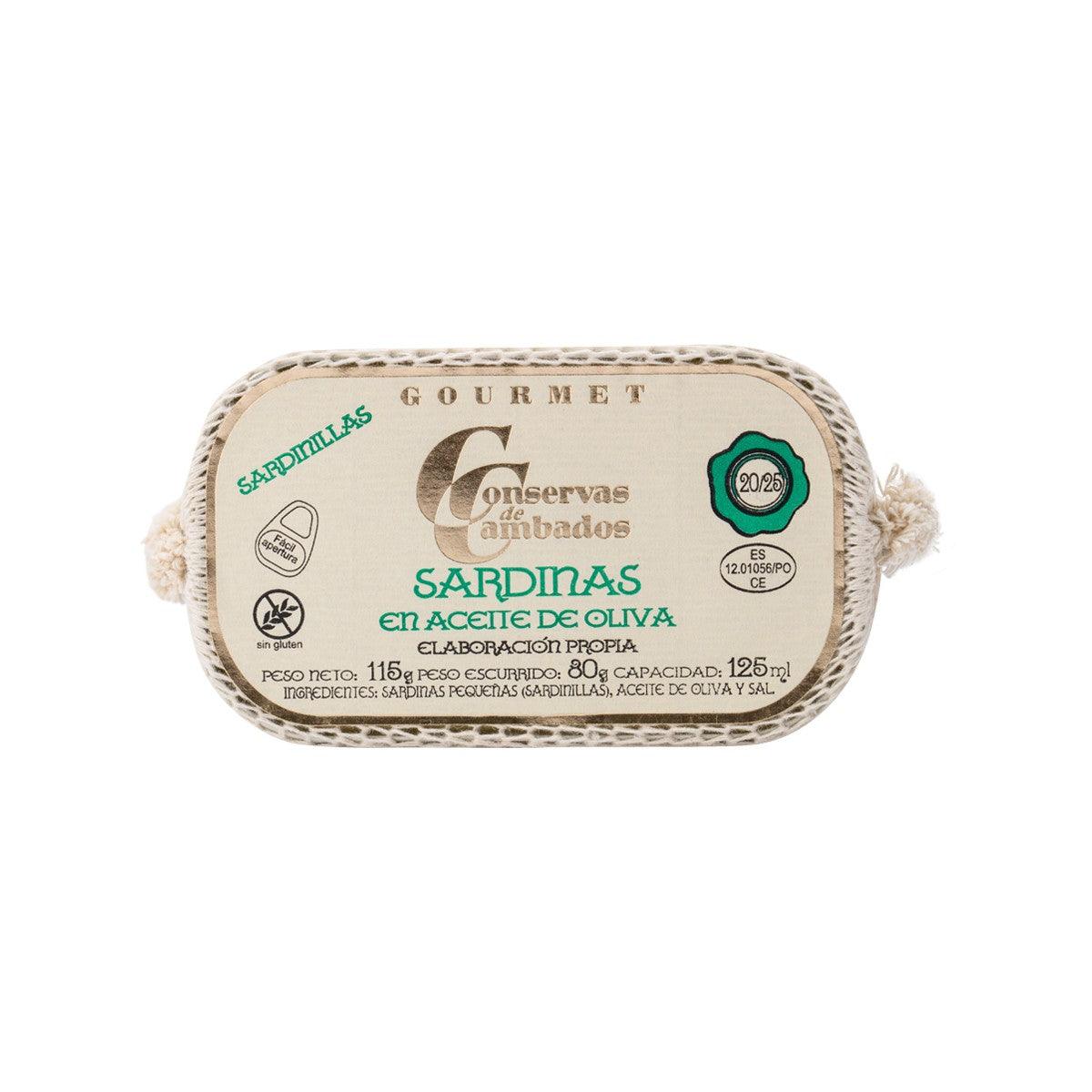 Small sardines in olive oil tin, oval label with 115g net weight