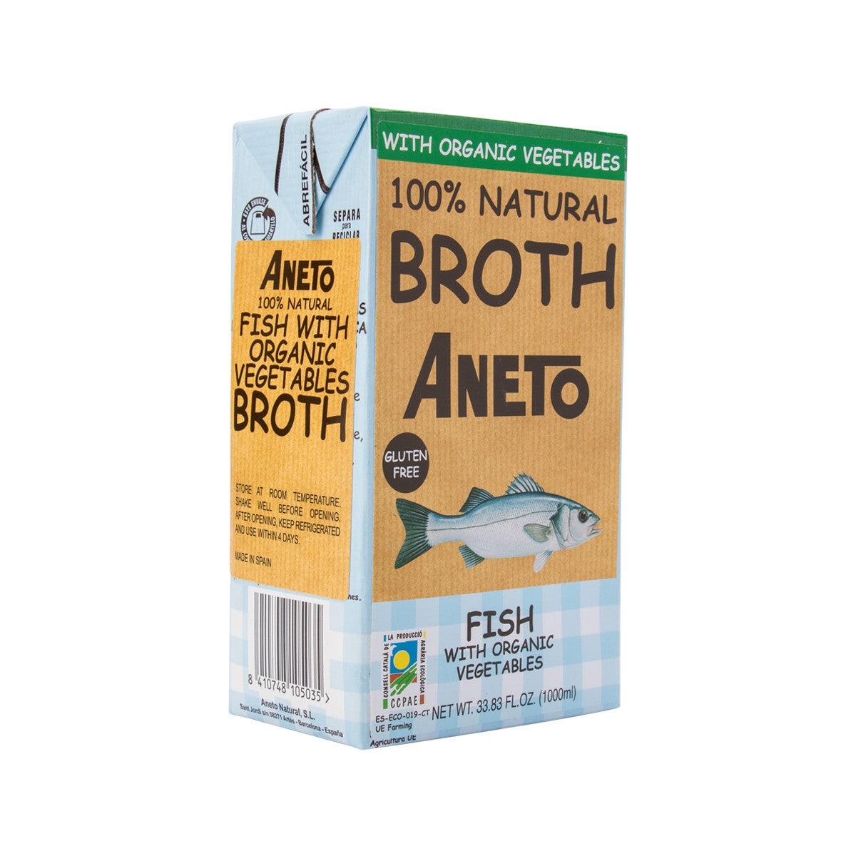 Fish with organic vegetables broth carton, ANETO, 1000 mL, angled view.