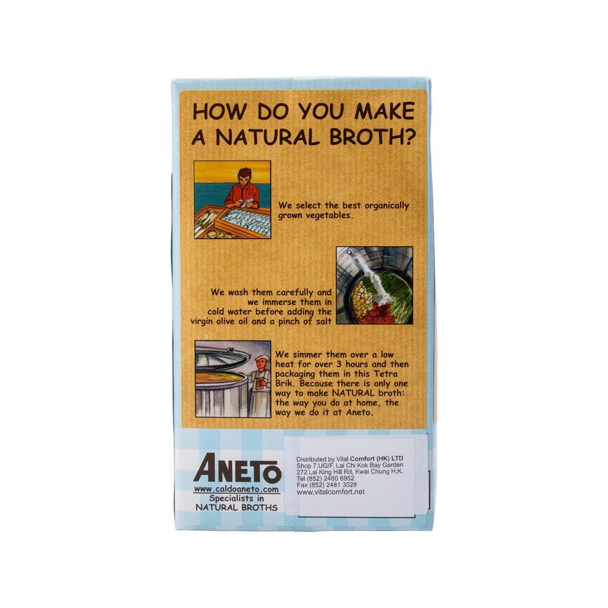ANETO fish broth carton back panel with organic vegetable preparation notes.
