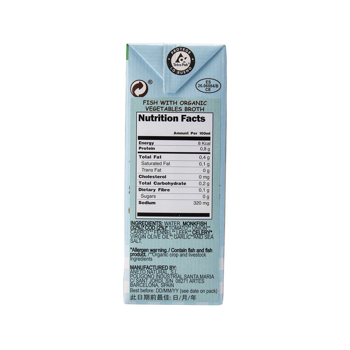 ANETO fish broth carton nutrition facts and ingredient panel.