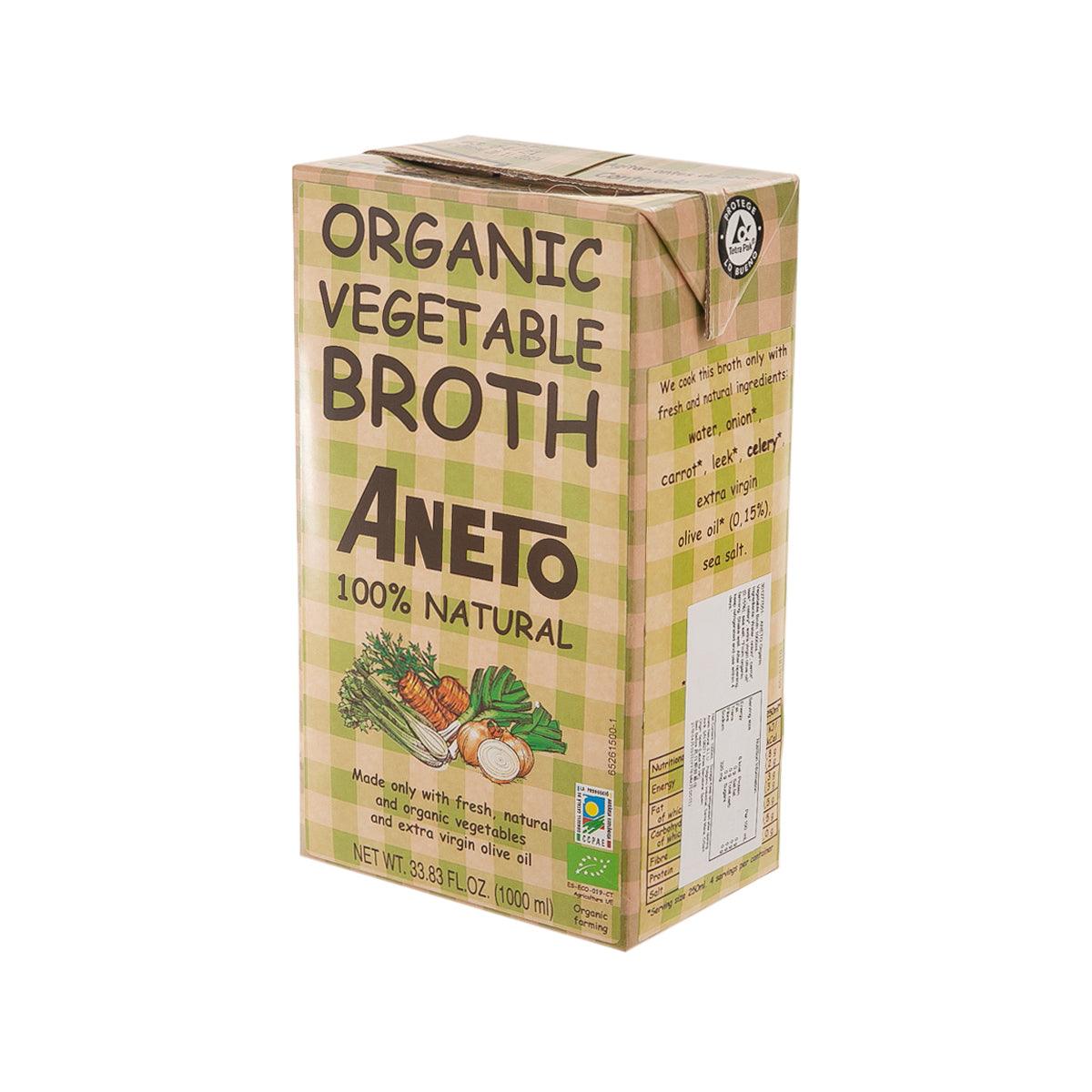 ANETO Organic vegetable broth carton side panel with nutritional text