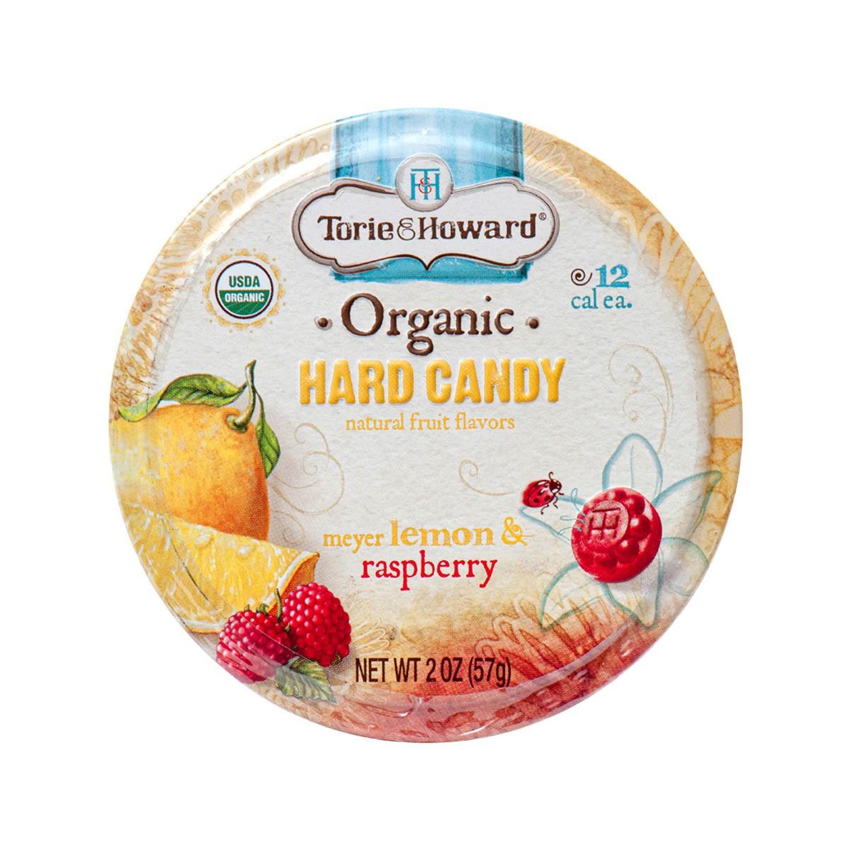 Organic hard candy tin: Meyer lemon & raspberry flavor, 57g, TORIE & HOWARD front label