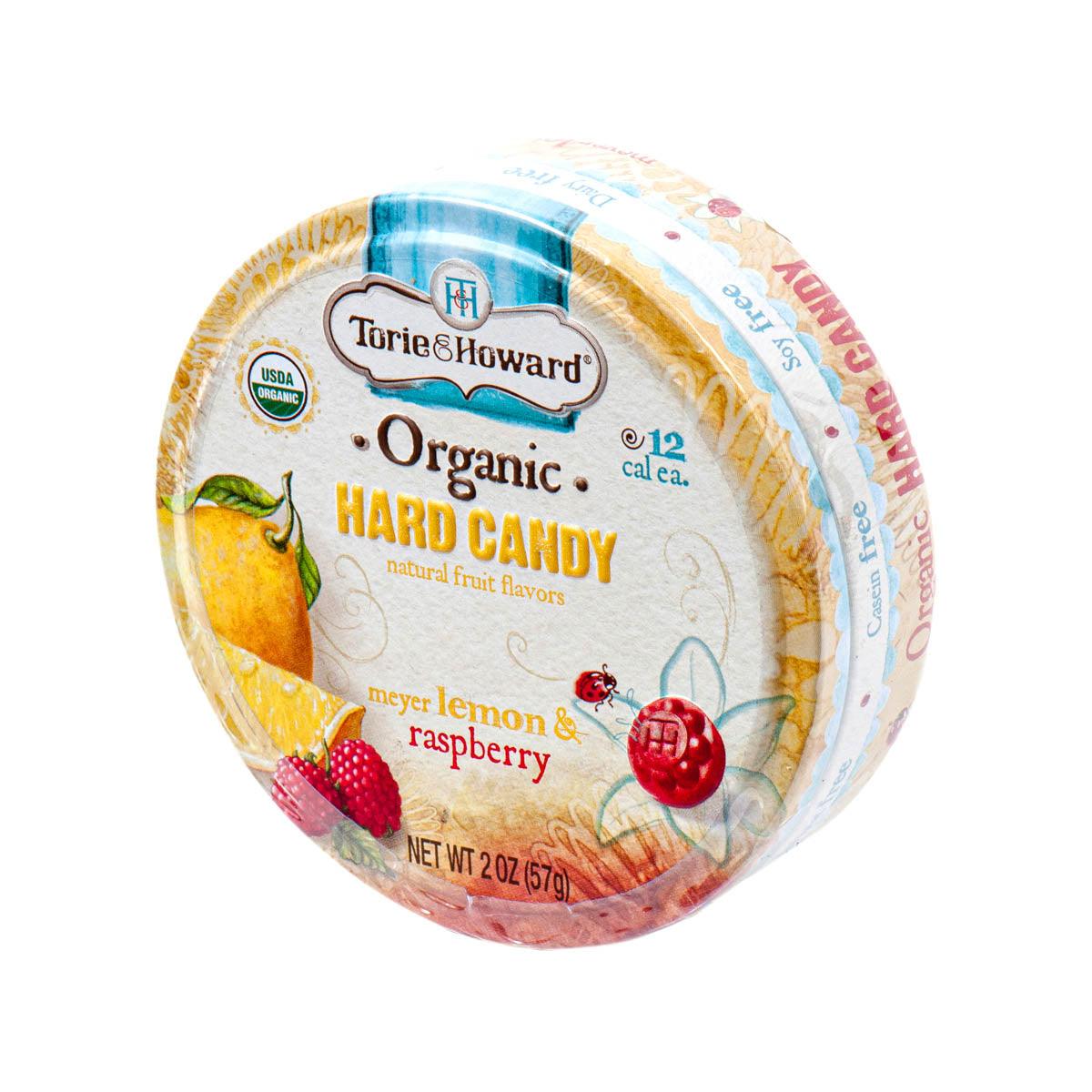 Organic hard candy tin, Meyer lemon & raspberry flavor, 57g, TORIE & HOWARD side view