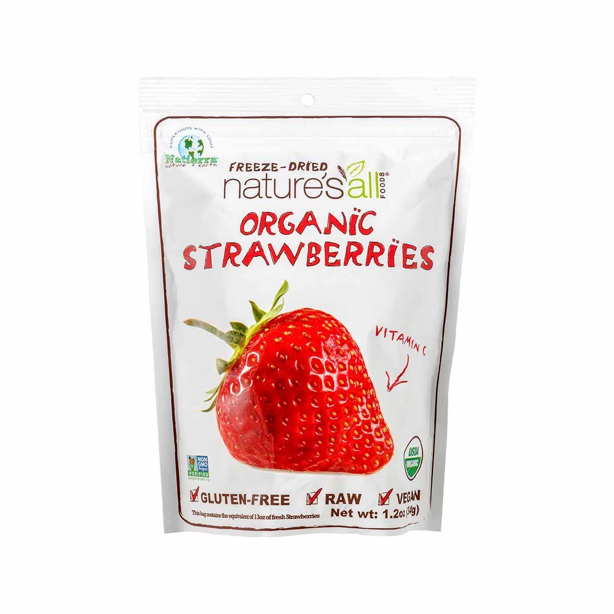 Organic freeze-dried strawberries pouch with whole red berry and leaf graphics