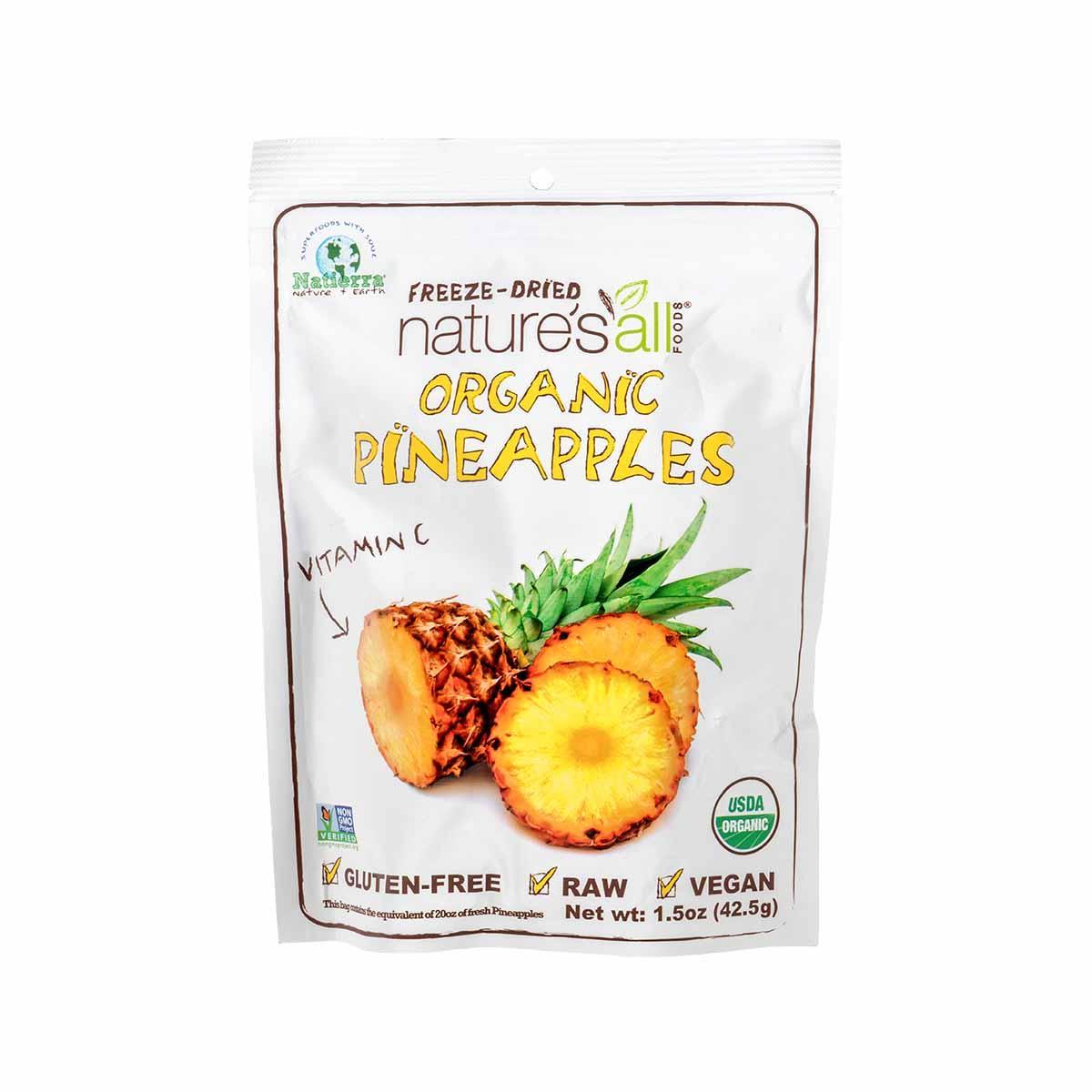 Organic freeze-dried pineapple slices in sealed pouch, raw and gluten-free