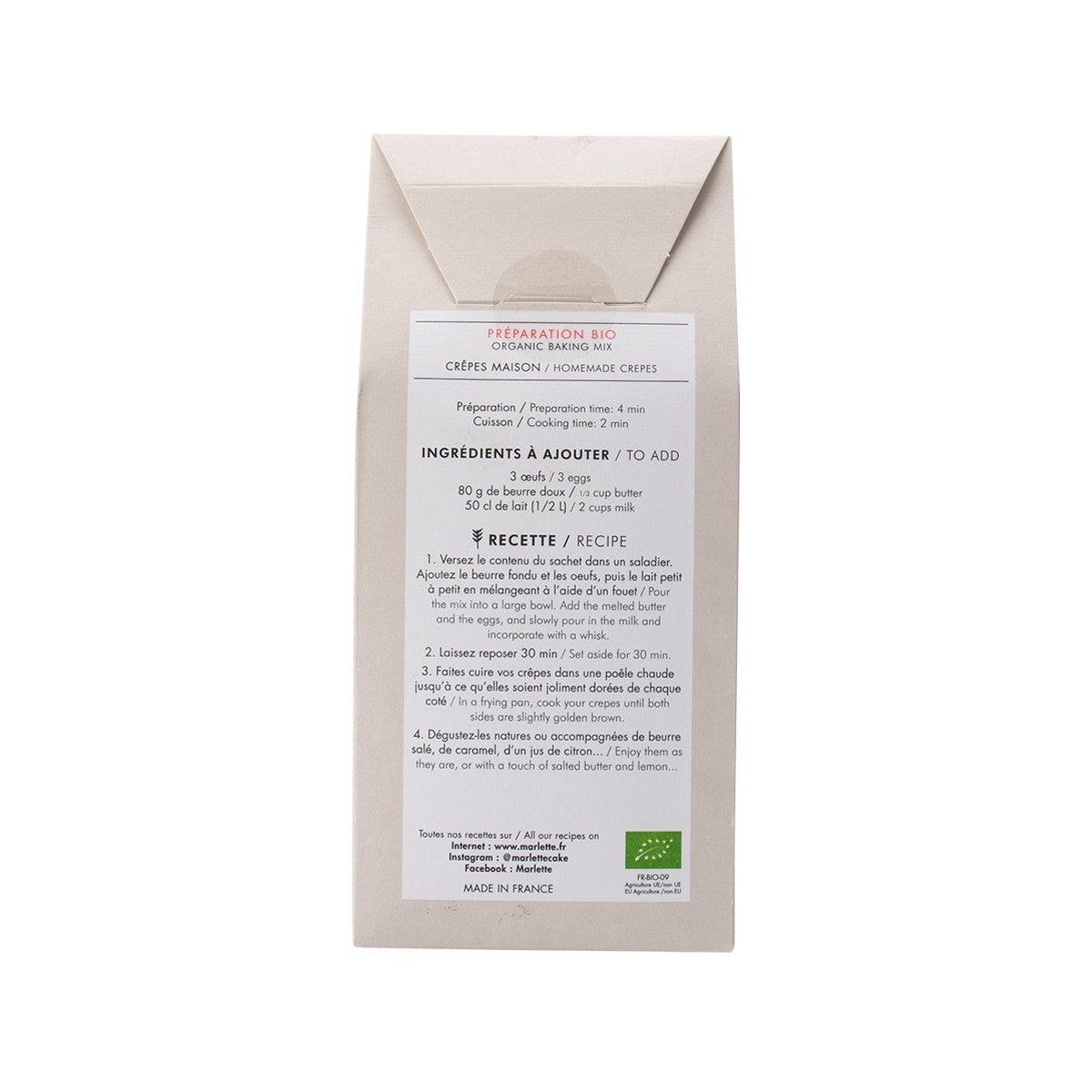 MARLETTE organic crepe mix box, back label with recipe and ingredients