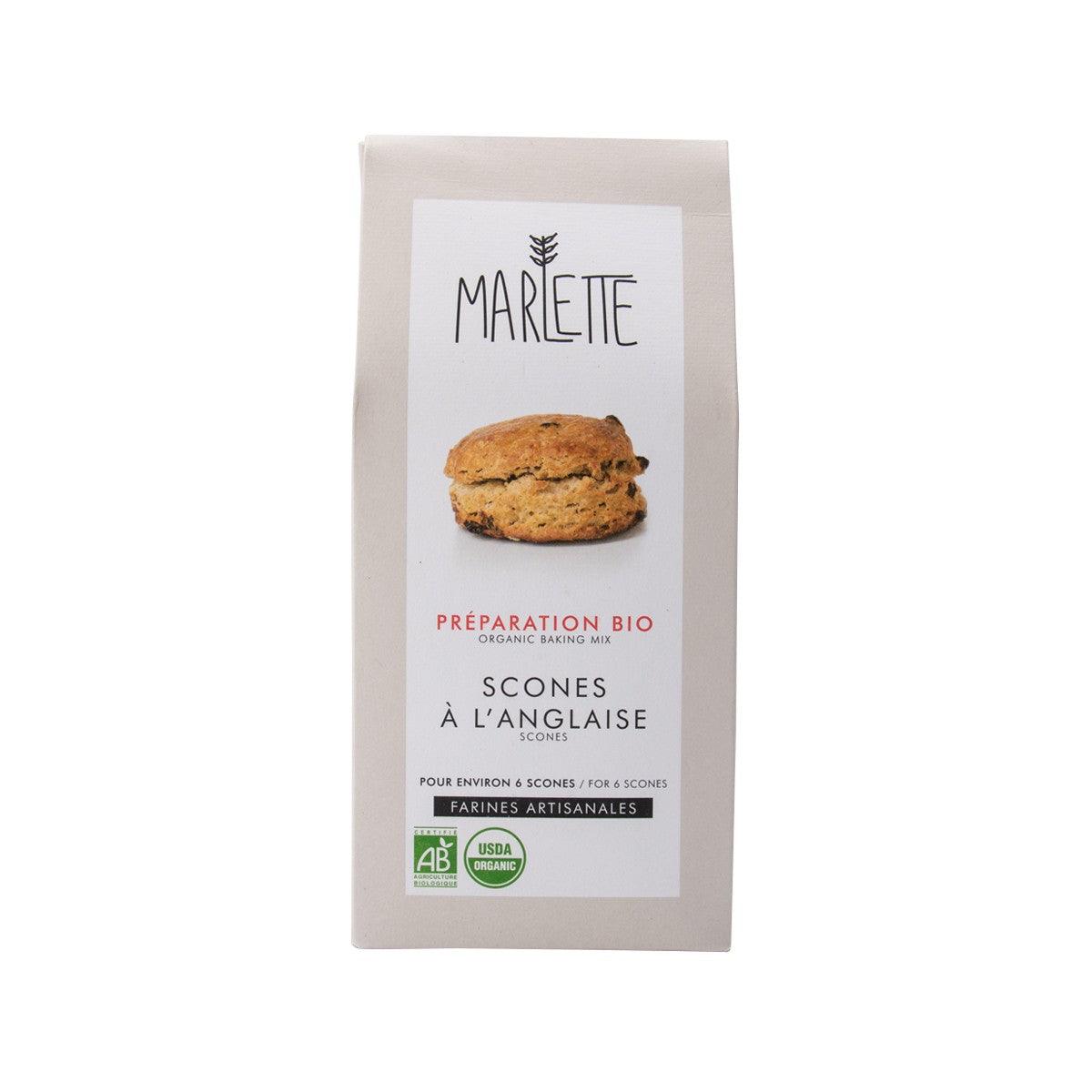 Marlette scone baking mix box with scone photo and organic preparation label