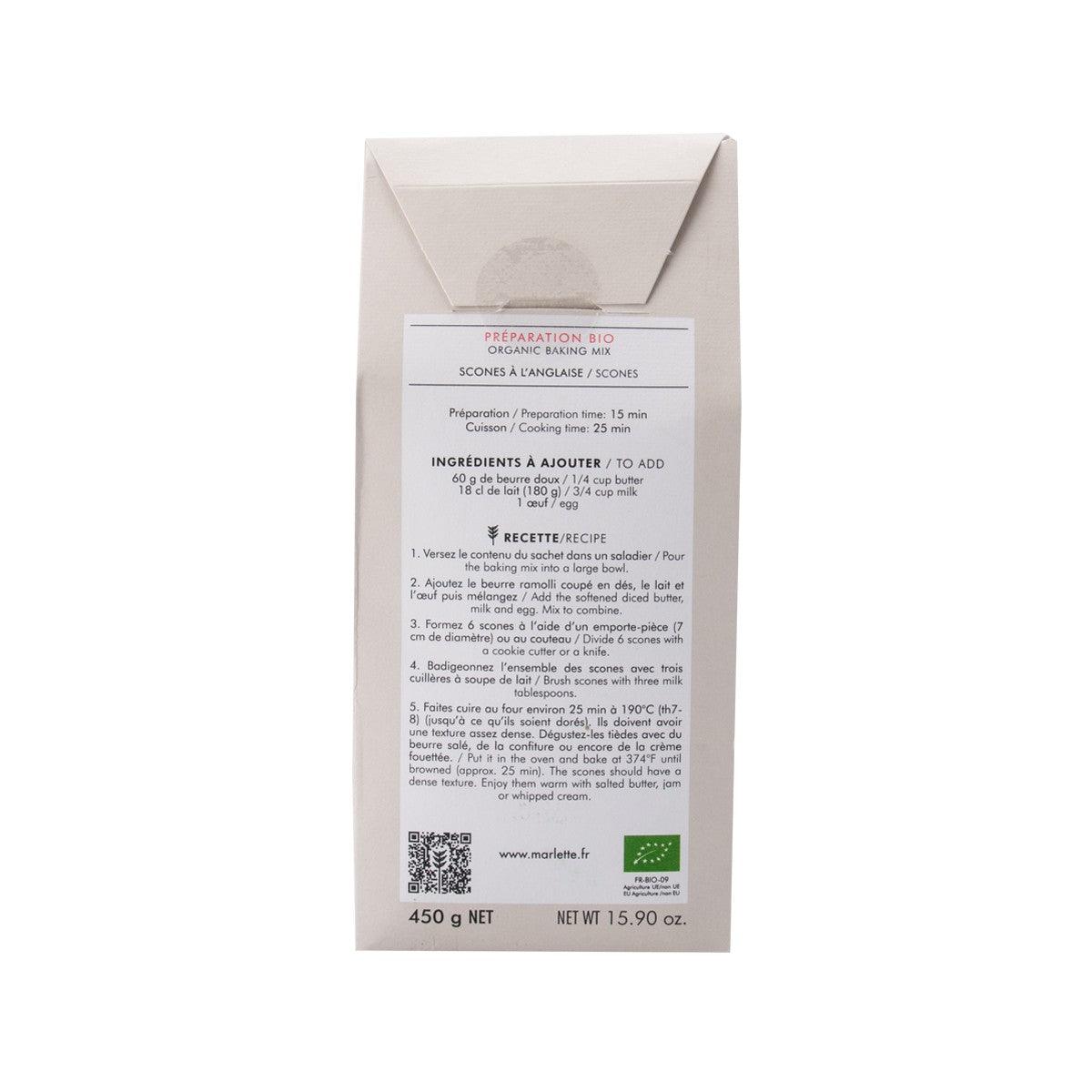 Marlette organic baking mix box, back panel with ingredients and recipe directions