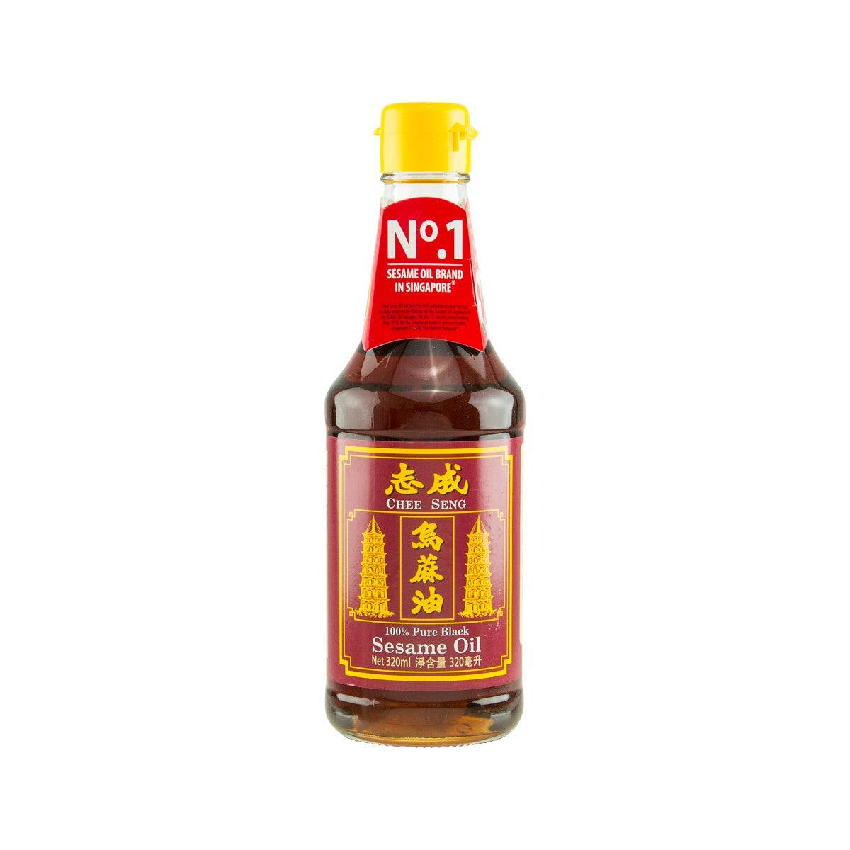 CHEE SENG sesame oil bottle, 320 mL, amber glass with yellow cap